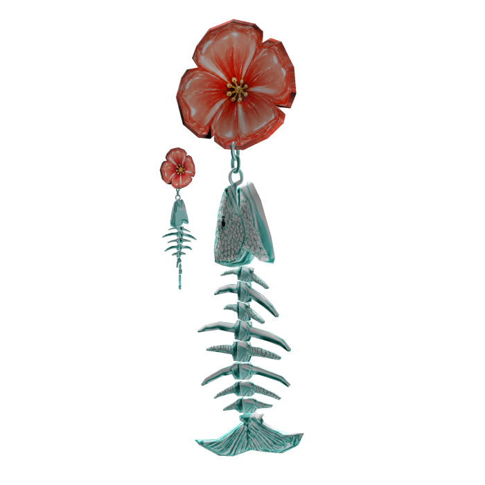 Coral Flower Aqua Crystal Fishbone Earrings