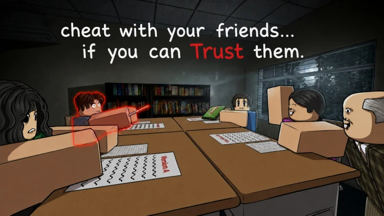 ภาพพรีวิวทางการ Cheating During Testing: นักเรียนหลายคนนั่งทำข้อสอบในห้องเรียน โดยมีข้อความเรื่องการโกงกับเพื่อนหากไว้ใจกัน
