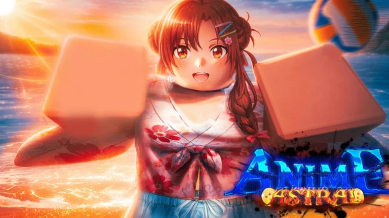 ภาพโปรโมตทางการ Anime Astral Simulator: ตัวละครผมสีน้ำตาลแดงสวมชุดลายดอกไม้อยู่ริมทะเลยามพระอาทิตย์ตก มีโลโก้ Anime Astral อยู่มุมขวาล่าง