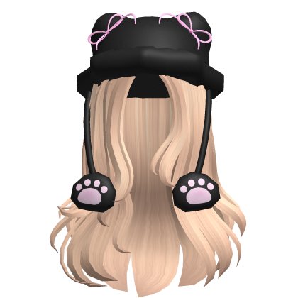 ♡ Cute Black Kitty Paws Hat Fluffy Hair (Blonde) Roblox item