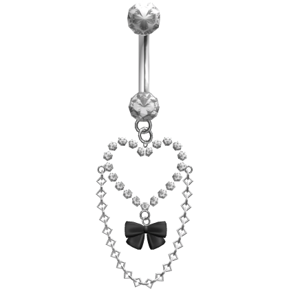 3.0 silver rhinestone heart & black bow belly ring