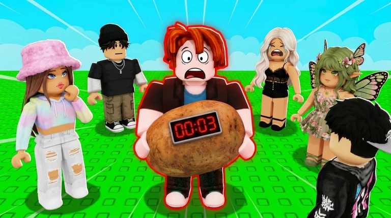 ภาพโปรโมต Hot Potato ผู้เล่นถือมันฝรั่งติดตัวเลข 00:03 ท่ามกลางคนอื่น