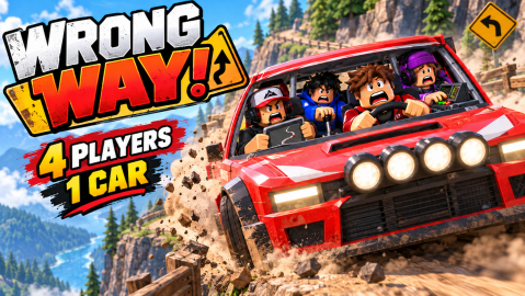Event art with the title WRONG WAY! and the words 4 PLAYERS 1 CAR: four alarmed Roblox characters in a red rally car with four round spotlights on a cliff road, the front passenger holding a tablet that shows a route