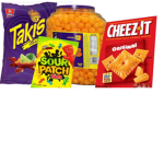 Cheese it, cheese ball, takis, and sour patch