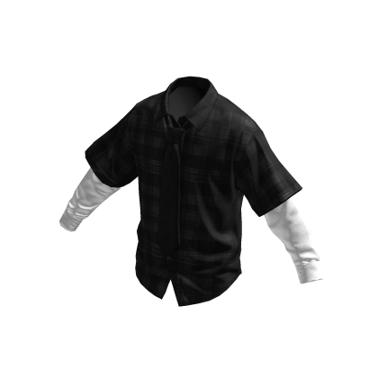 Dark Plaid Layered Overshirt w/ Black Tie