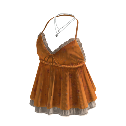 Floral Lace Trim Babydoll Top (Orange)