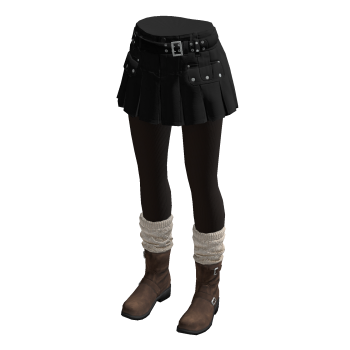 Belted Pleated Skirt with Boots (Black)