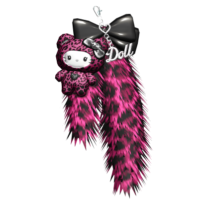 Pink Scene Kitty Plushie Fur Keychain Black Bow