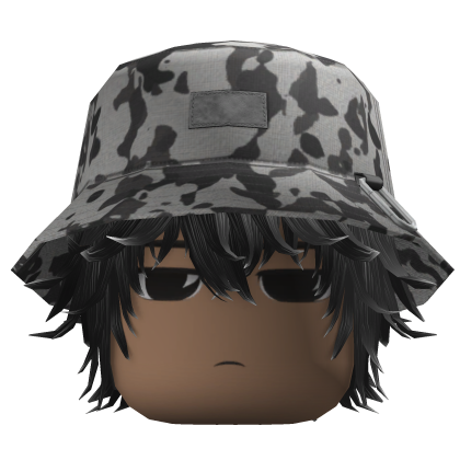 Messy Anime Hair w/ Camo Bucket Hat (Gray)