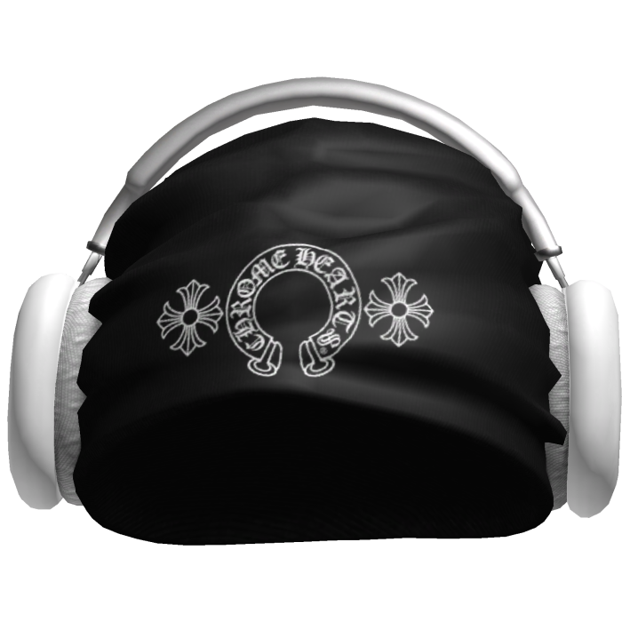 Black Chrome Heart Beanie with White Headphones