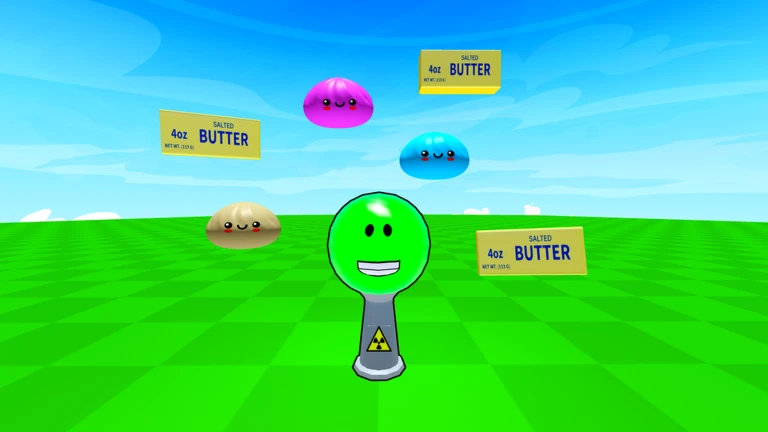 ภาพโปรโมต Don’t Anger the Button ปุ่มเขียวกับสไลม์และกล่องเนย ไม่ใช่รายการด่านครบ