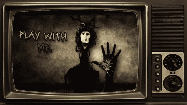 ภาพสิ่งมีชีวิตในกรอบโทรทัศน์เก่ากับคำว่า Play with me