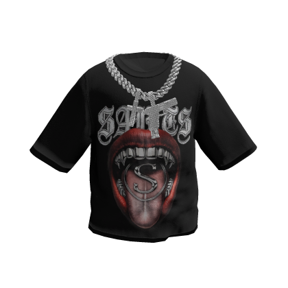Black T-Shirt Red Lips Graphic w / Toy Chain thumbnail