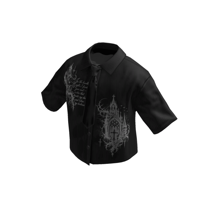 Black Graffiti Grunge Cropped Shirt W Tie & Collar