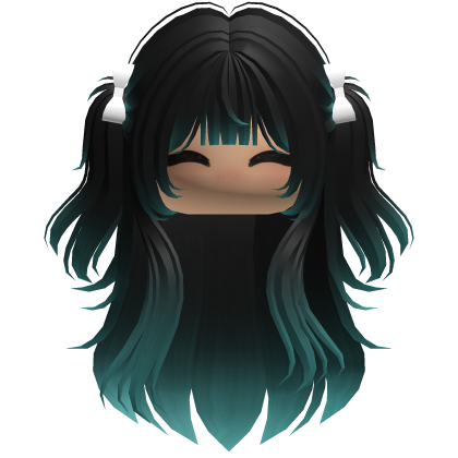 Long wavy girl hair pigtails w bows (Black/Cyan) Roblox item