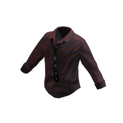 Retro Tie Button Shirt - Burgundy Plaid