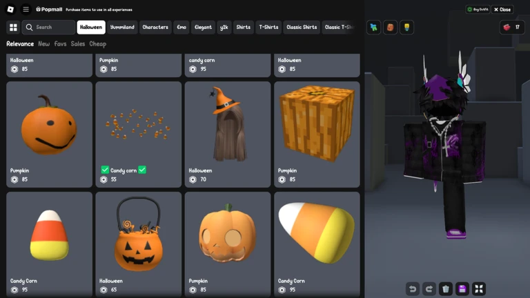 Roblox avatar customization shop displaying seasonal items such as pumpkin and candy corn accessories