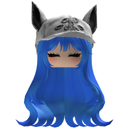 Fluffy emo blue bright hair white cat cap y2k