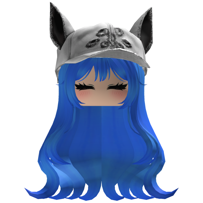 Fluffy emo blue bright hair white cat cap y2k
