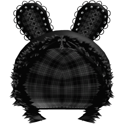 Black Bunny Emo Plaid Fur Studded Hoodie (╥﹏╥) thumbnail