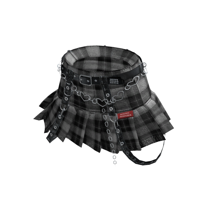 Heart Chain Denim Pleated Skirt (Black Plaid)