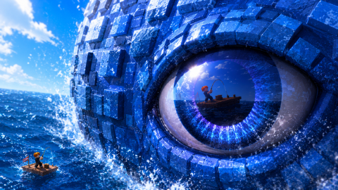 Promotional art: close-up of a giant blocky blue sea creature's eye reflecting a Roblox angler in a small boat, with a tiny raft in the waves
