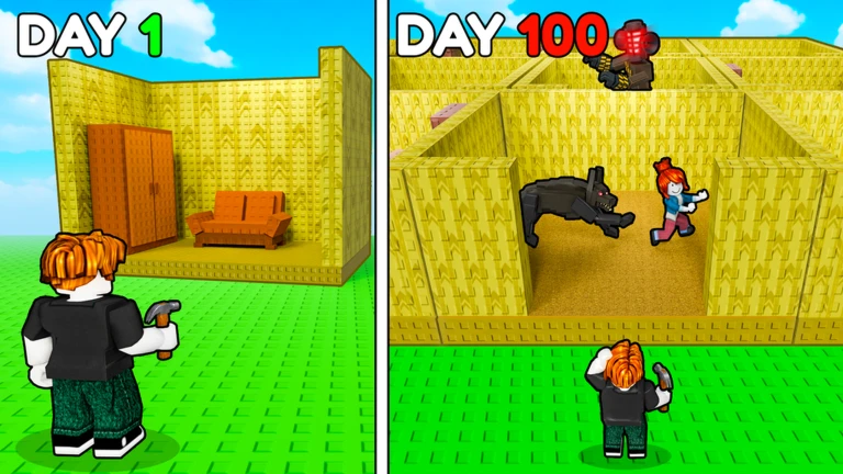 ภาพพรีวิวทางการ Build Your Backrooms: ภาพแบ่ง DAY 1 ทางซ้ายเป็นห้องสีเหลืองขนาดเล็ก และ DAY 100 ทางขวาเป็นเขาวงกตใหญ่ที่มีตัวละครกำลังวิ่งกับมอนสเตอร์สีดำ
