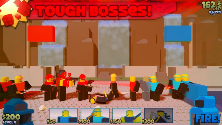ภาพทางการ The Battle Bricks แสดงยูนิตสองฝ่ายต่อสู้พร้อมป้าย Tough Bosses