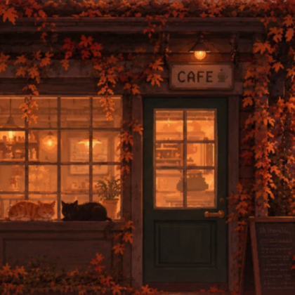 Cozy Cute Autumn Cat Cafe Fall Sunset Background