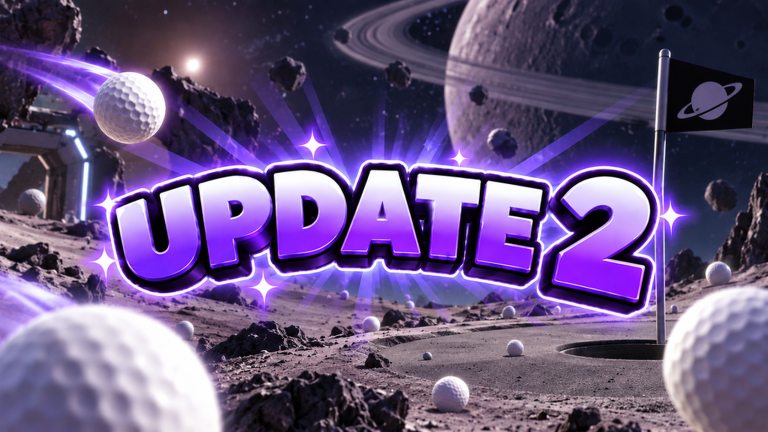 Purple official Update 2 artwork over a space-themed golf-ball scene