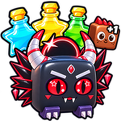 Store icon: a black horned pet with red eyes and fangs under three star-shaped potion bottles in blue, yellow and green, next to a small brown pet marked +1