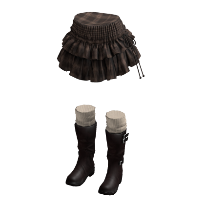 Plaid Mini Skirt with Tiered Ruffles (Brown)