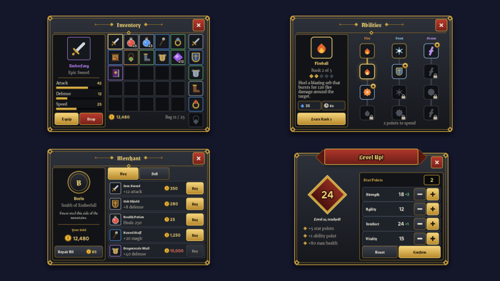 RPG UI Kit Inventory Quest Health Mana HUD Panels preview 1