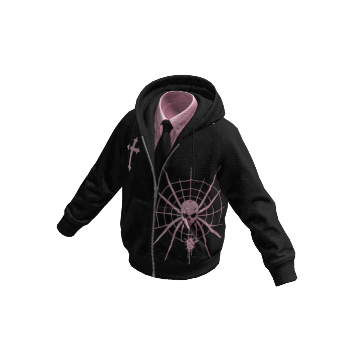 Black-Pink Spiderweb Skull Hoodie w/ Tie