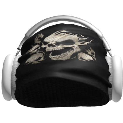 Black Worn Skull Beanie with White Headphones