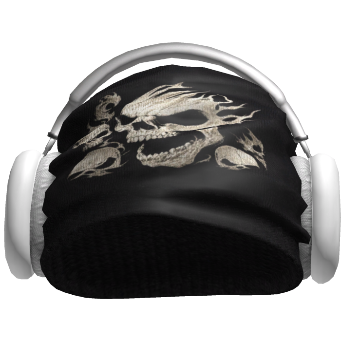 Black Worn Skull Beanie with White Headphones