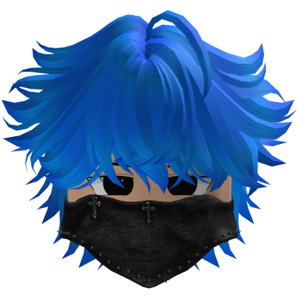 messy fluffy anime hair with a Y2K mask (Blue)