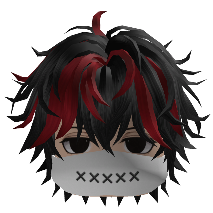 Fluffy Anime Hair w/ Mask (Black/Crimson)