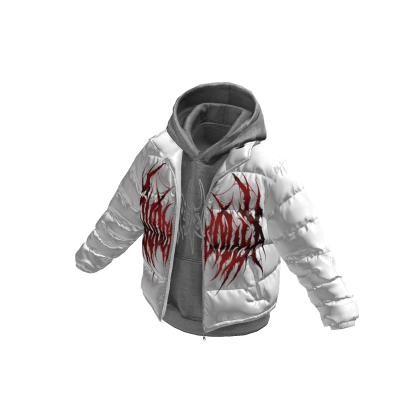 Grey Hoodie w/ Red Print White Puffer Jacket