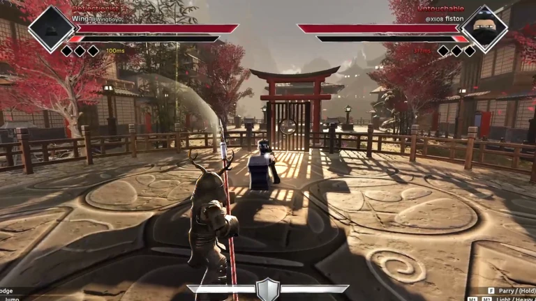 ภาพเกมเพลย์ทางการ Dueling Grounds แสดงผู้เล่นถืออาวุธระยะไกลในลานประตูโทริอิ