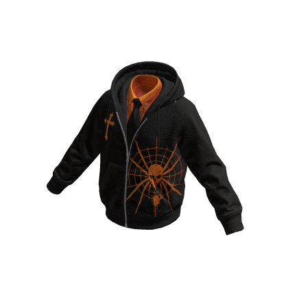 Black-Orange Spiderweb Skull Hoodie w/ Tie