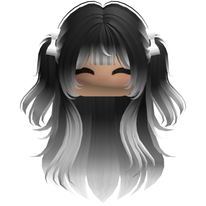 Long wavy girl hair pigtails w bows (Black/White) Roblox item