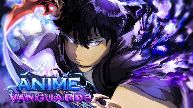 ภาพพรีวิวทางการ Anime Vanguards: ตัวละครผมสีดำอยู่กลางภาพ ท่ามกลางแสงและกลุ่มควันสีม่วง มีโลโก้ ANIME VANGUARDS ด้านล่างซ้าย