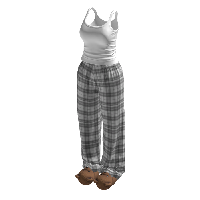 Stylish Grey Plaid Pyjama Set w Bear Slippers