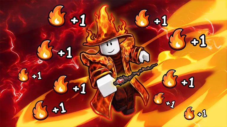 ภาพพรีวิวทางการ Magic Loot มีตัวละคร Roblox สวมชุดและหมวกพ่อมดสีส้ม ถือไม้กายสิทธิ์ ท่ามกลางเปลวไฟและสัญลักษณ์เปลวไฟ +1 หลายจุด
