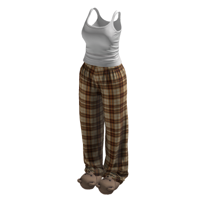 Stylish Plaid Pyjama Set w Bear Slippers