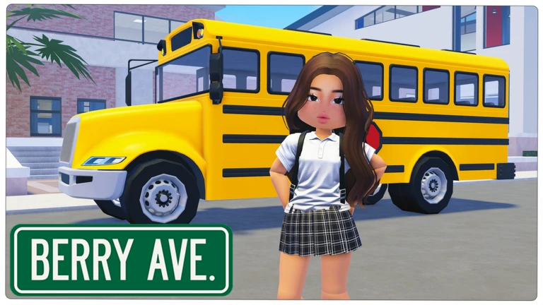 ภาพพรีวิวทางการ Berry Avenue: ตัวละคร Roblox ผมสีน้ำตาลสวมเสื้อสีขาวและกระโปรงลายตารางยืนหน้ารถโรงเรียนสีเหลือง โดยมีอาคารอยู่ด้านหลังและป้าย BERRY AVE. ที่มุมซ้ายล่าง