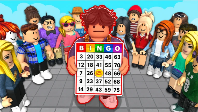 ภาพพรีวิวทางการ 50 Player BINGO: ตัวละคร Roblox ผมสีแดงยืนถือการ์ดบิงโกอยู่กลางภาพ โดยมีตัวละครหลายคนยืนล้อมรอบ