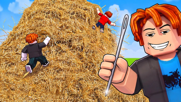 ภาพทางการ Search For The Needle: ตัวละคร Roblox ถือเข็มอยู่หน้ากองฟาง ขณะที่ผู้เล่นหลายคนกำลังค้นหา