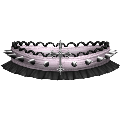 Gothic Ruffled Spike Choker w Cross Pink & Black